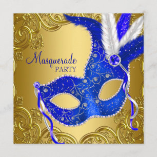 Royal Blue and Gold Masquerade Party Einladung