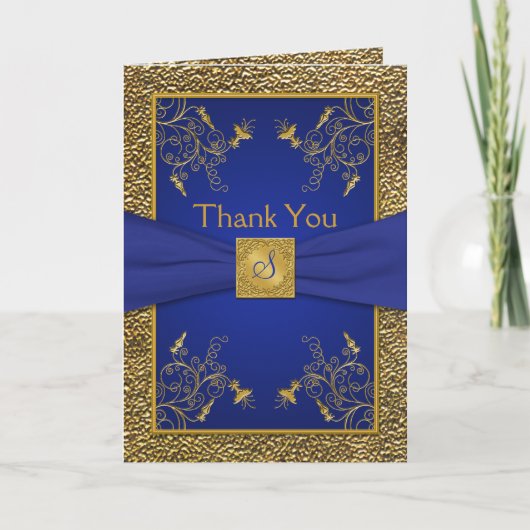 Royal Blue and Gold Mit Monogramm Dankeschön Card Dankeskarte (Vorderseite)
