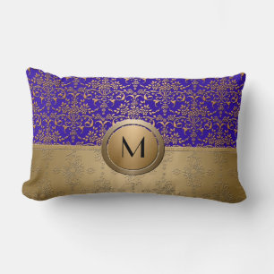 Royal Blue and Gold Monogram Damask Lendenkissen