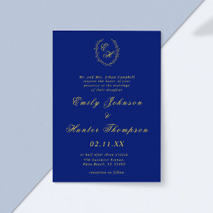 Royal Blue and Gold Monogram Wreath Wedding Einladung