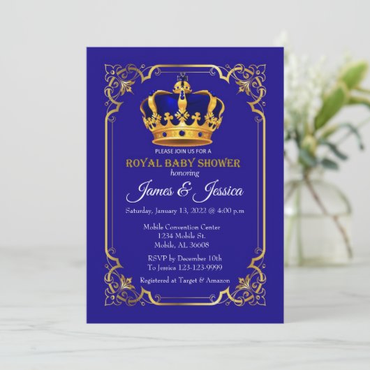 Royal Blue and Gold Prince Baby Dusche Einladung (Stehend Vorderseite)