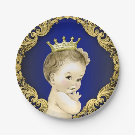 Royal Blue and Gold Prince Baby Dusche Pappteller (Vorderseite)