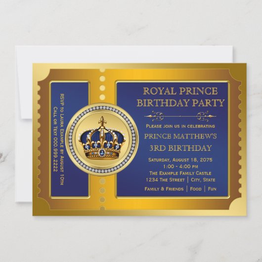 Royal Blue and Gold Prince Birthday Party Einladung (Vorderseite)