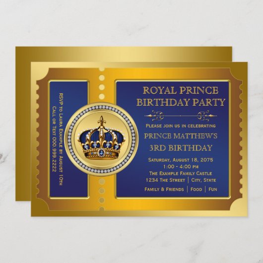 Royal Blue and Gold Prince Birthday Party Einladung (Vorne/Hinten)