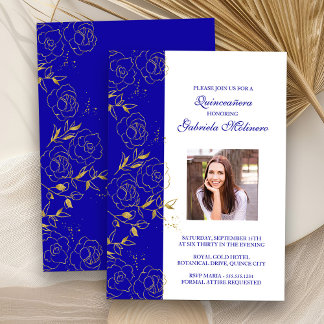 Royal Blue and Gold Quinceanera Elegantes Foto Einladung