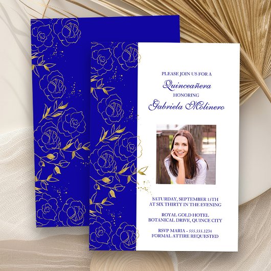 Royal Blue and Gold Quinceanera Elegantes Foto Einladung