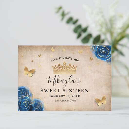 Royal Blue and Gold Rose Parchment Elegante Save The Date (Stehend Vorderseite)
