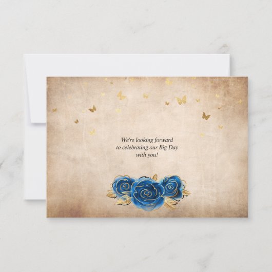 Royal Blue and Gold Rose Parchment Elegante Save The Date (Rückseite)