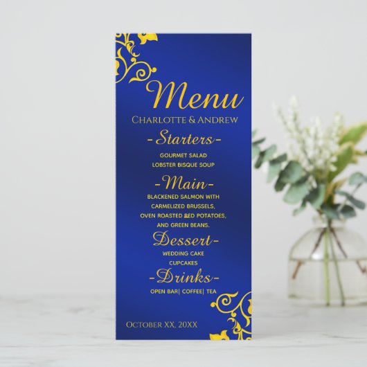 Royal Blue and Gold Wedding Menu Menükarte (Stehend Vorderseite)