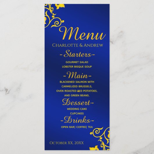 Royal Blue and Gold Wedding Menu Menükarte (Vorderseite)