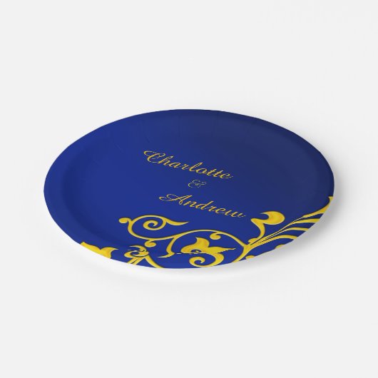 Royal Blue and Gold Wedding Pappteller (Schrägansicht)