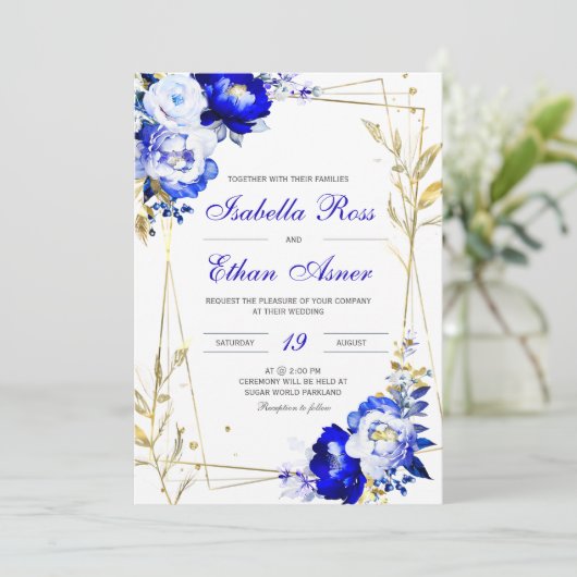 Royal Blue and Gold Wedding Template Einladung (Stehend Vorderseite)
