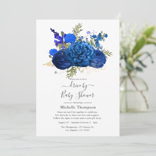 Royal Blue and Imitate Foil Gold Drive By Showdown Einladung (Stehend Vorderseite)