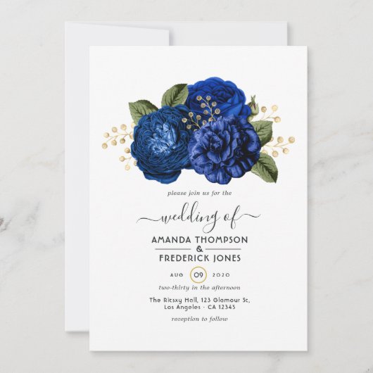 Royal Blue and Imitate Foil Gold Floral Wedding Einladung (Vorderseite)