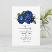 Royal Blue and Imitate Foil Gold Floral Wedding Einladung (Stehend Vorderseite)