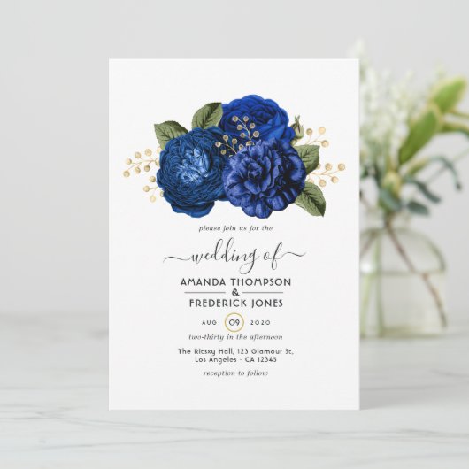 Royal Blue and Imitate Foil Gold Floral Wedding Einladung (Stehend Vorderseite)