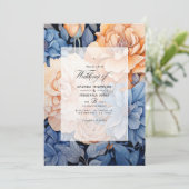 Royal Blue and Peach and Gray Floral Wedding Einladung (Stehend Vorderseite)