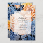 Royal Blue and Peach and Gray Floral Wedding Einladung (Vorne/Hinten)