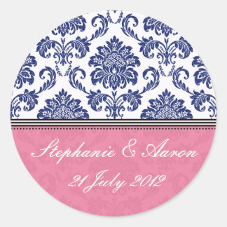 Royal Blue and Pink Damask Hochzeitsticker Runder Aufkleber