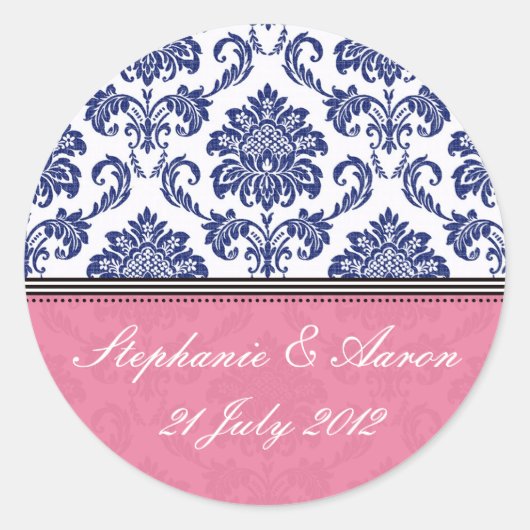Royal Blue and Pink Damask Hochzeitsticker Runder Aufkleber (Vorderseite)