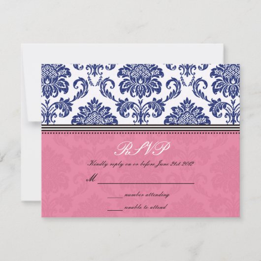 Royal Blue and Pink Damask Wedding UAWG RSVP Karte (Vorderseite)