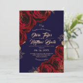 Royal Blue and Red ⎮ Burgund Rose Blume Wedding Einladung (Stehend Vorderseite)