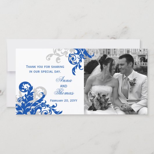 Royal Blue and Silver Blüh Wedding Foto Card Dankeskarte (Vorderseite)