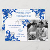 Royal Blue and Silver Blüh Wedding Foto Card Dankeskarte (Vorne/Hinten)