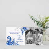 Royal Blue and Silver Blüh Wedding Foto Card Dankeskarte (Stehend Vorderseite)