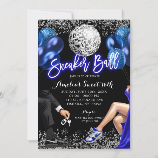 Royal Blue and Silver Disco Sneaker Ball Birthday Einladung (Vorderseite)