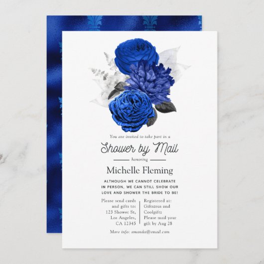 Royal Blue and Silver Floral Brautparty by Mail Einladung (Vorne/Hinten)