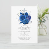 Royal Blue and Silver Floral Confirmation Einladung (Stehend Vorderseite)