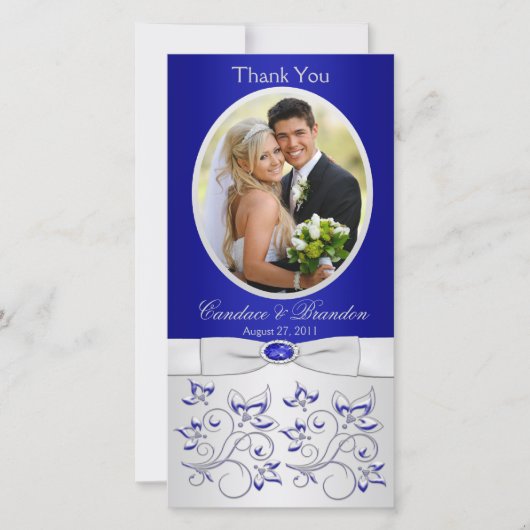 Royal Blue and Silver Floral Foto Card Dankeskarte (Vorderseite)