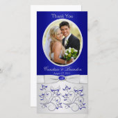 Royal Blue and Silver Floral Foto Card Dankeskarte (Vorne/Hinten)