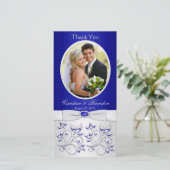 Royal Blue and Silver Floral Foto Card Dankeskarte (Stehend Vorderseite)