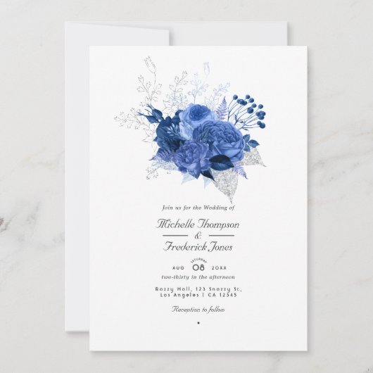 Royal Blue and Silver Floral QR Code UAWG Wedding Einladung (Vorderseite)