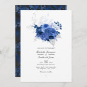Royal Blue and Silver Floral QR Code UAWG Wedding Einladung (Vorne/Hinten)