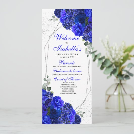 Royal Blue and Silver Floral Quinceanera Programm (Stehend Vorderseite)