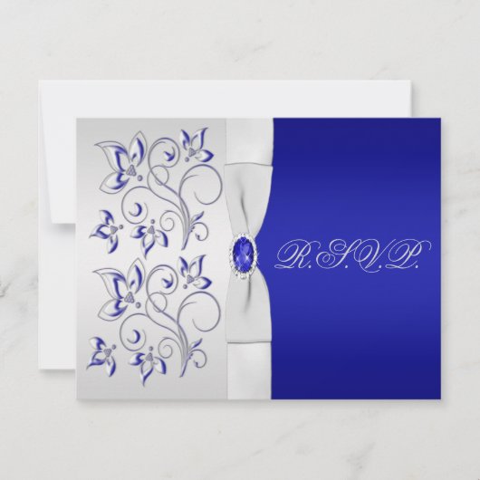Royal Blue and Silver Floral Repcard RSVP Karte (Vorderseite)