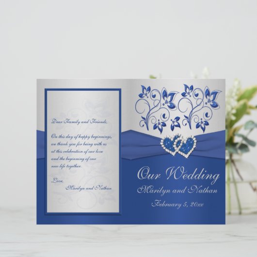 Royal Blue and Silver Floral Wedding Program (Stehend Vorderseite)