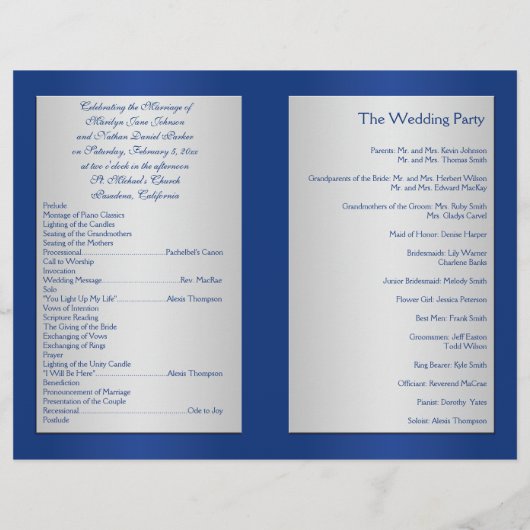 Royal Blue and Silver Floral Wedding Program (Rückseite)