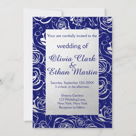 Royal Blue and Silver Foil Blume mit Rose Einladung (Vorderseite)