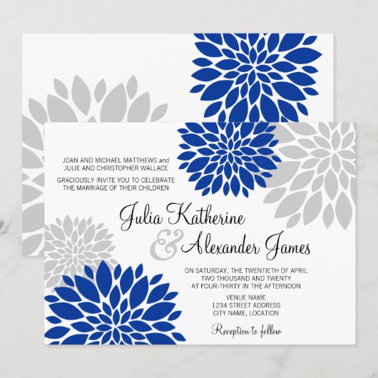 Royal Blue and Silver Gray Floral Burst Wedding Einladung (Vorne/Hinten)