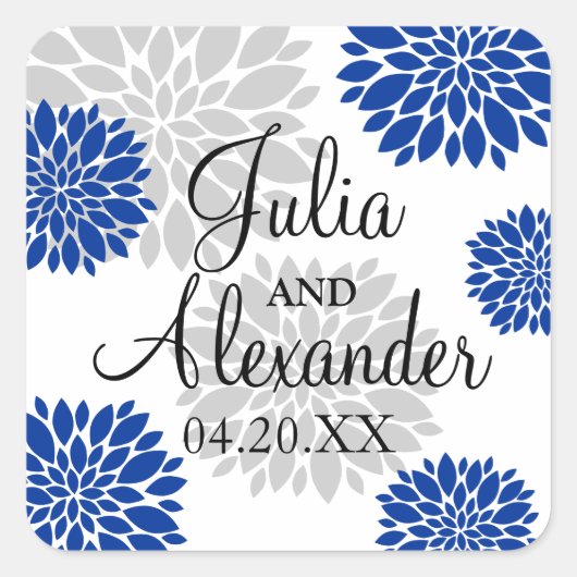 Royal Blue and Silver Gray Floral Burst Wedding Quadratischer Aufkleber (Vorderseite)