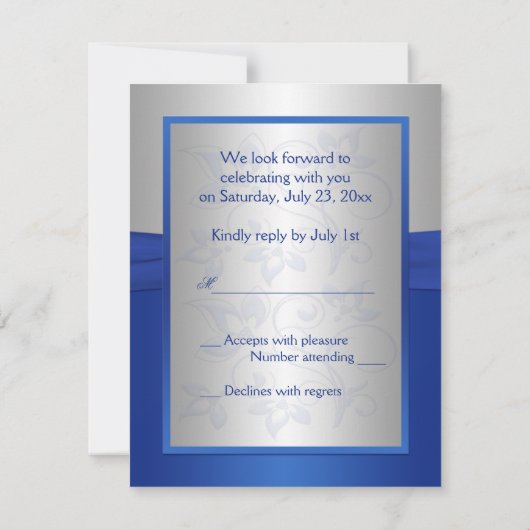 Royal Blue and Silver Liebe Heart Repcard RSVP Karte (Rückseite)