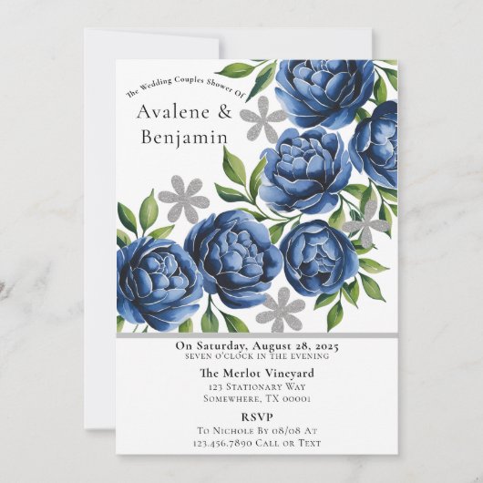 Royal Blue and Silver Peony Wedding Couples Dusche Einladung (Vorderseite)