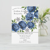 Royal Blue and Silver Peony Wedding Couples Dusche Einladung (Stehend Vorderseite)