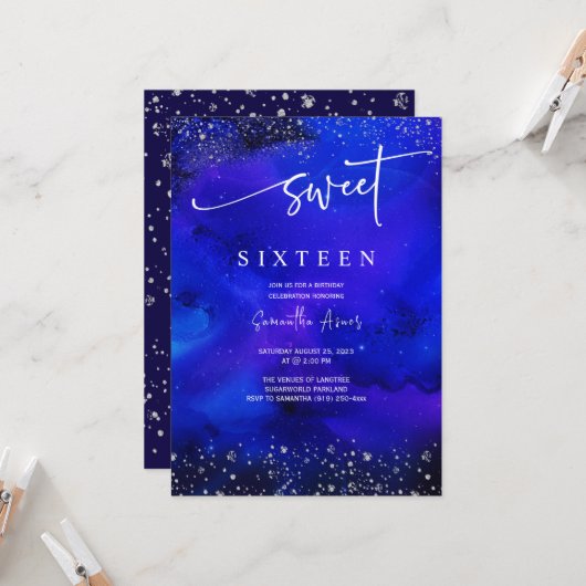 Royal Blue and Silver Sweet 16 Dekorationen Einladung (Vorderseite/Rückseite Beispiel)