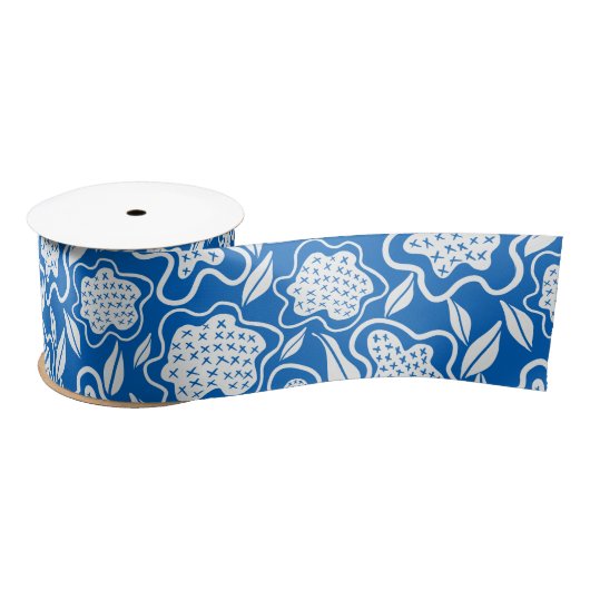 Royal Blue and White Cross Stitch Floral Satinband (Spule)