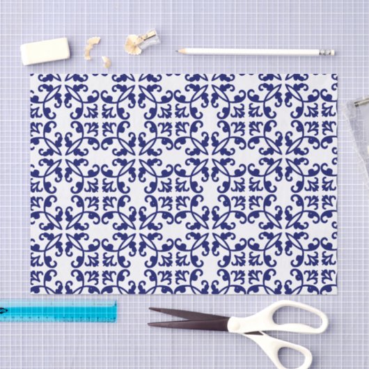 Royal Blue and White Damask Muster      Seidenpapier (Handwerk)